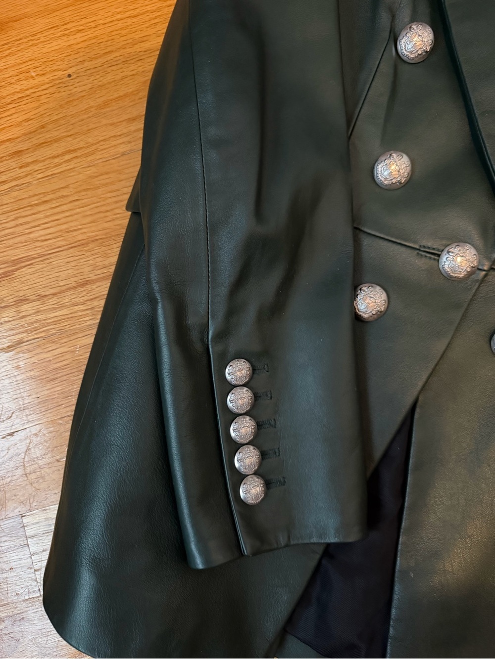 Double-Breasted Dark Green Leather Blazer - Picture 3 of 8